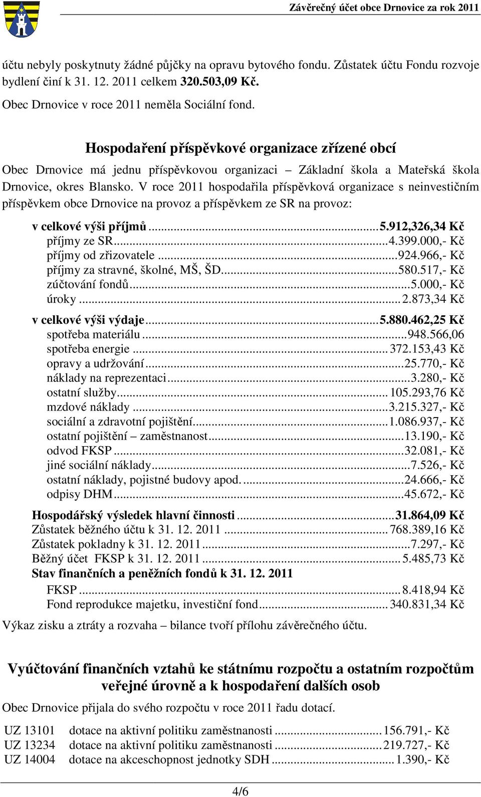 V roce 2011 hospodařila příspěvková organizace s neinvestičním příspěvkem obce Drnovice na provoz a příspěvkem ze SR na provoz: v celkové výši příjmů... 5.912,326,34 Kč příjmy ze SR... 4.399.