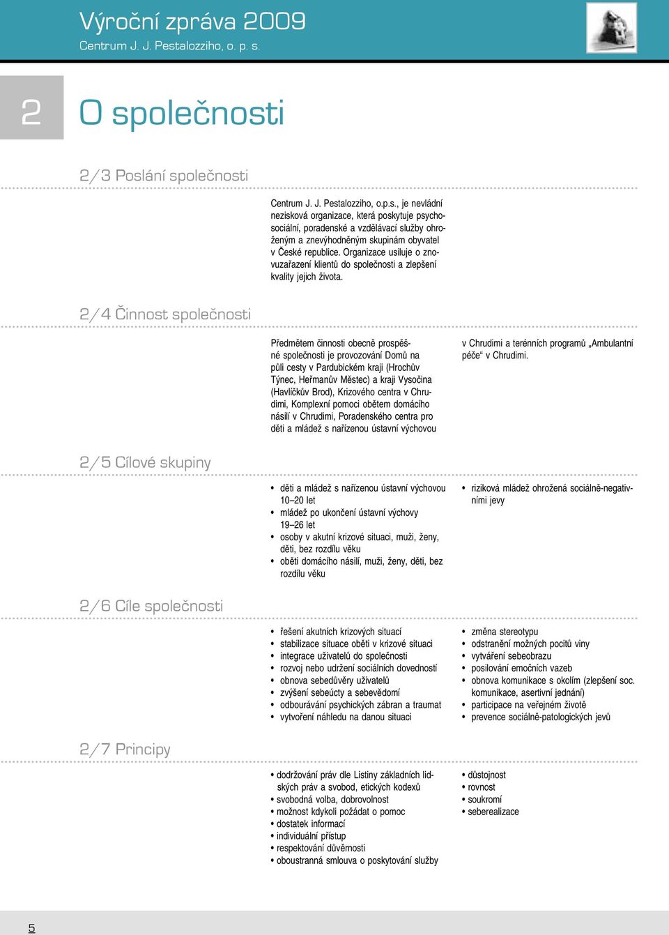 2/4 Èinnost spoleènosti Předmětem činnosti obecně prospěšné společnosti je provozování Domů na půli cesty v Pardubickém kraji (Hrochův Týnec, Heřmanův Městec) a kraji Vysočina (Havlíčkův Brod),