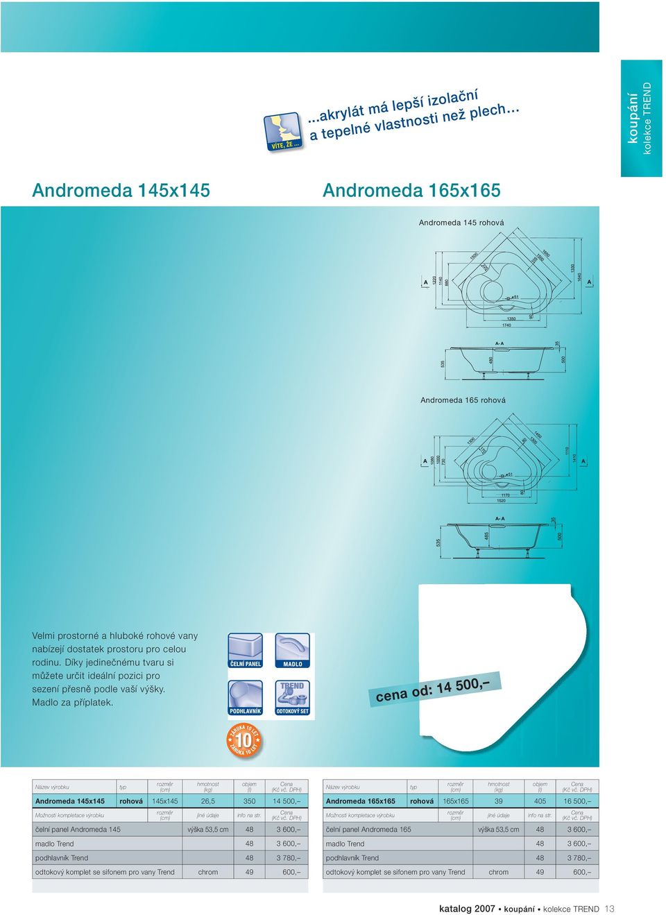 cena od: 14 500, Andromeda 145x145 rohová 145x145 26,5 350 14 500, čelní panel Andromeda 145 53,5 cm 48 3 600, madlo Trend 48 3 600, podhlavník Trend 48 3 780, odtokový komplet se sifonem pro vany