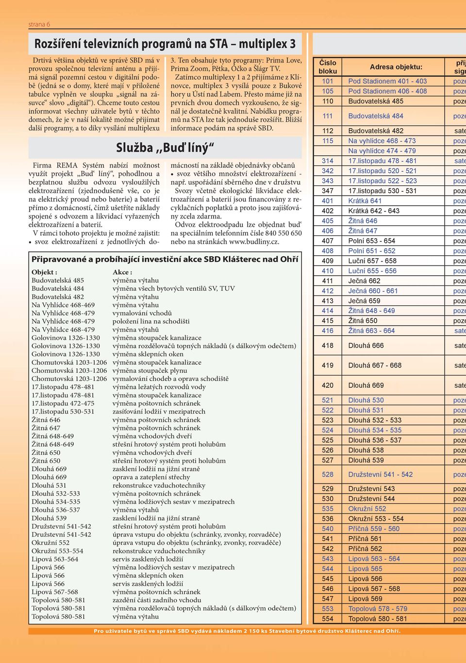 Chceme touto cestou informovat všechny uživatele bytů v těchto domech, že je v naší lokalitě možné přijímat další programy, a to díky vysílání multiplexu Služba,,Buď líný 3.