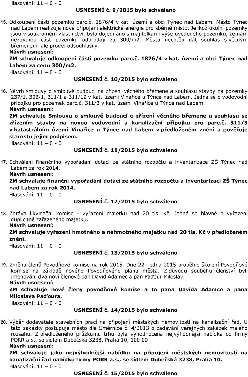 Městu nechtějí dát souhlas s věcným břemenem, ale prodej odsouhlasily. ZM schvaluje odkoupení části pozemku parc.č. 1876/4 v kat. území a obci Týnec nad Labem za cenu 300/m2. USNESENÍ č.