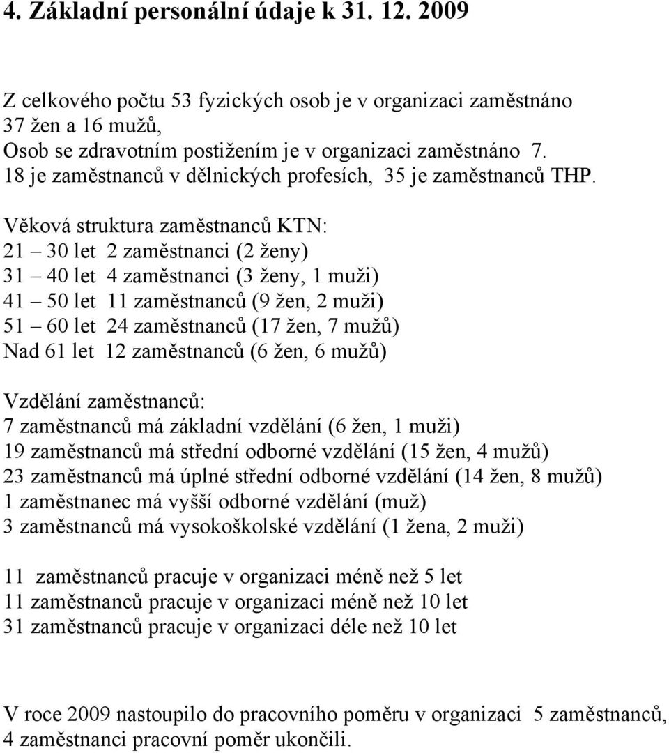 Věková struktura zaměstnanců KTN: 21 30 let 2 zaměstnanci (2 ženy) 31 40 let 4 zaměstnanci (3 ženy, 1 muži) 41 50 let 11 zaměstnanců (9 žen, 2 muži) 51 60 let 24 zaměstnanců (17 žen, 7 mužů) Nad 61