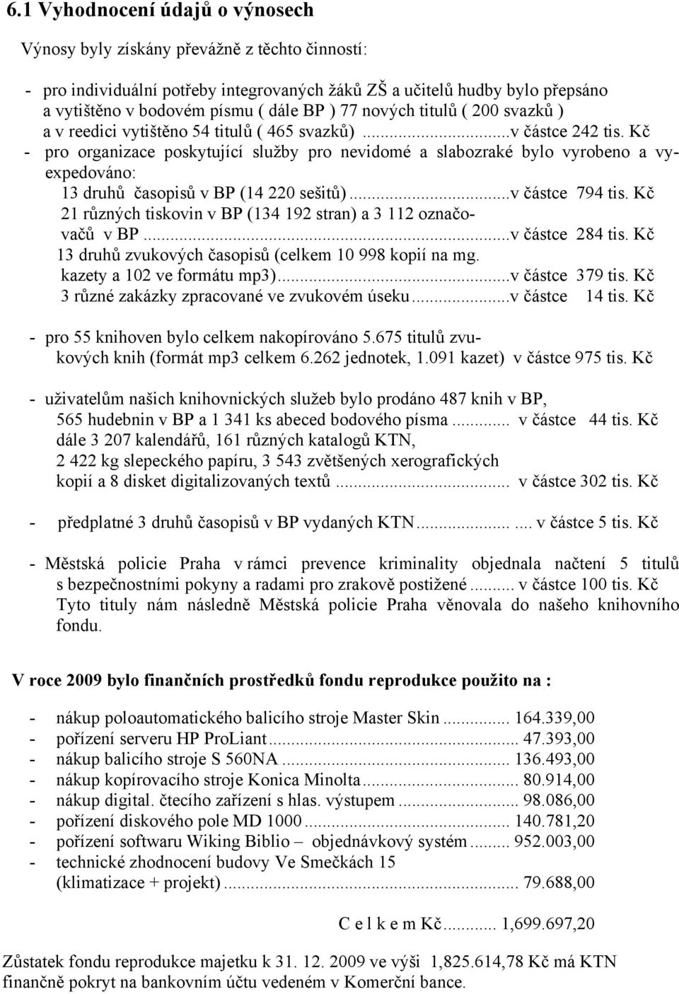 Kč - pro organizace poskytující služby pro nevidomé a slabozraké bylo vyrobeno a vyexpedováno: 13 druhů časopisů v BP (14 220 sešitů)...v částce 794 tis.