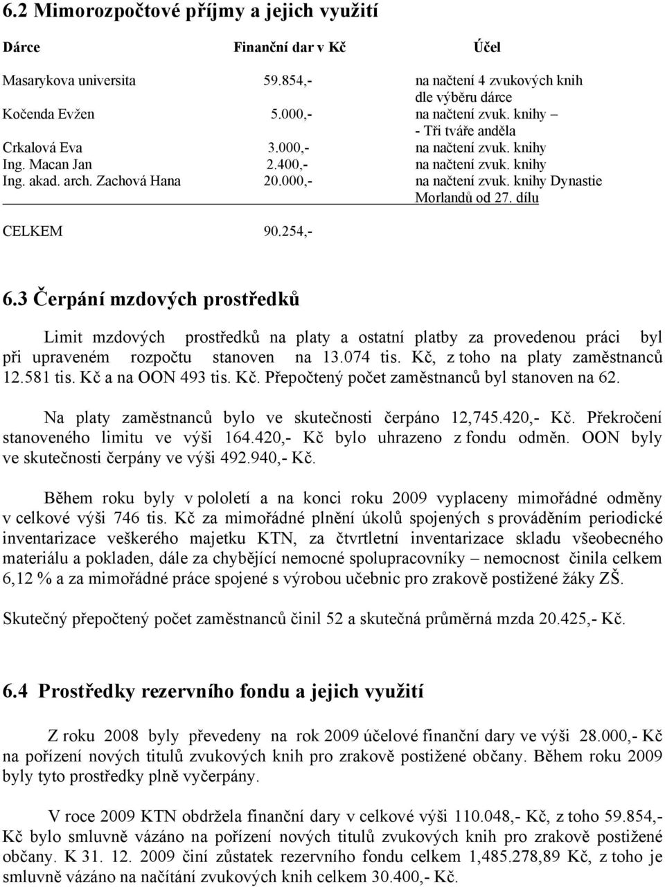 dílu CELKEM 90.254,- 6.3 Čerpání mzdových prostředků Limit mzdových prostředků na platy a ostatní platby za provedenou práci byl při upraveném rozpočtu stanoven na 13.074 tis.