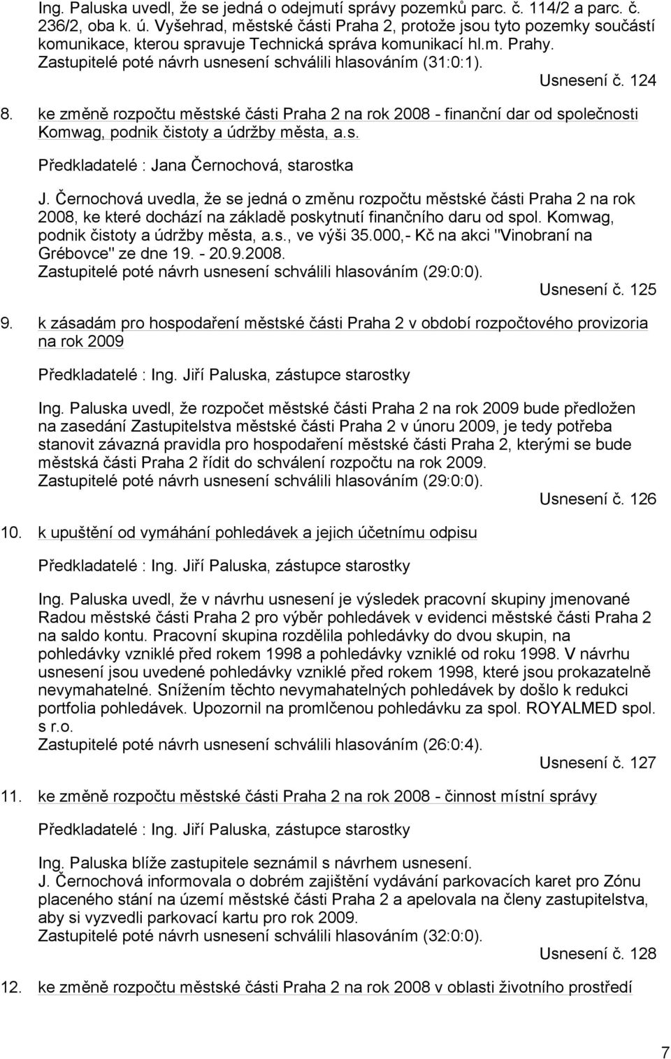 Usnesení č. 124 8. ke změně rozpočtu městské části Praha 2 na rok 2008 - finanční dar od společnosti Komwag, podnik čistoty a údržby města, a.s. Předkladatelé : Jana Černochová, starostka J.