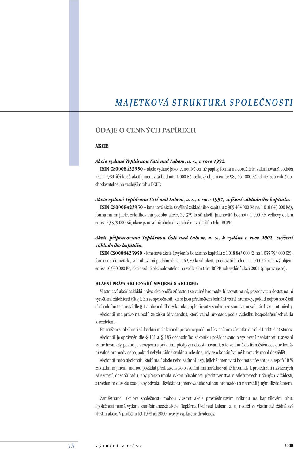 jsou volnû obchodovatelné na vedlej ím trhu BCPP. Akcie vydané Teplárnou Ústí nad Labem, a. s., v roce 1997, zv ení základního kapitálu.