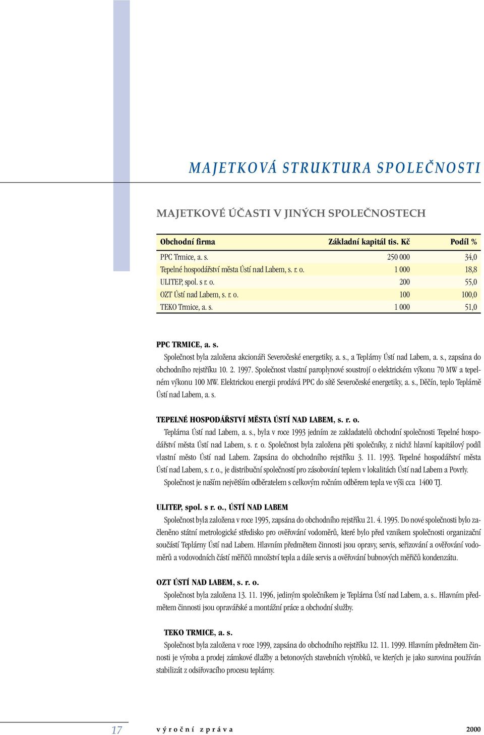 s., zapsána do obchodního rejstfiíku 10. 2. 1997. Spoleãnost vlastní paroplynové soustrojí o elektrickém v konu 70 MW a tepelném v konu 100 MW.