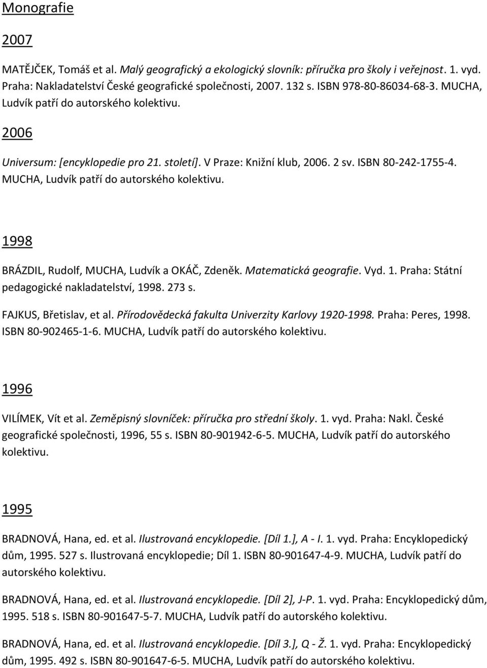 MUCHA, Ludvík patří do autorského kolektivu. 1998 BRÁZDIL, Rudolf, MUCHA, Ludvík a OKÁČ, Zdeněk. Matematická geografie. Vyd. 1. Praha: Státní pedagogické nakladatelství, 1998. 273 s.