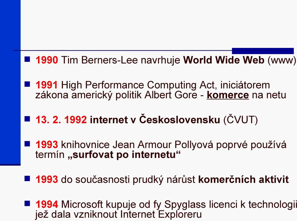 1992 internet v Československu (ČVUT) 1993 knihovnice Jean Armour Pollyová poprvé používá termín surfovat