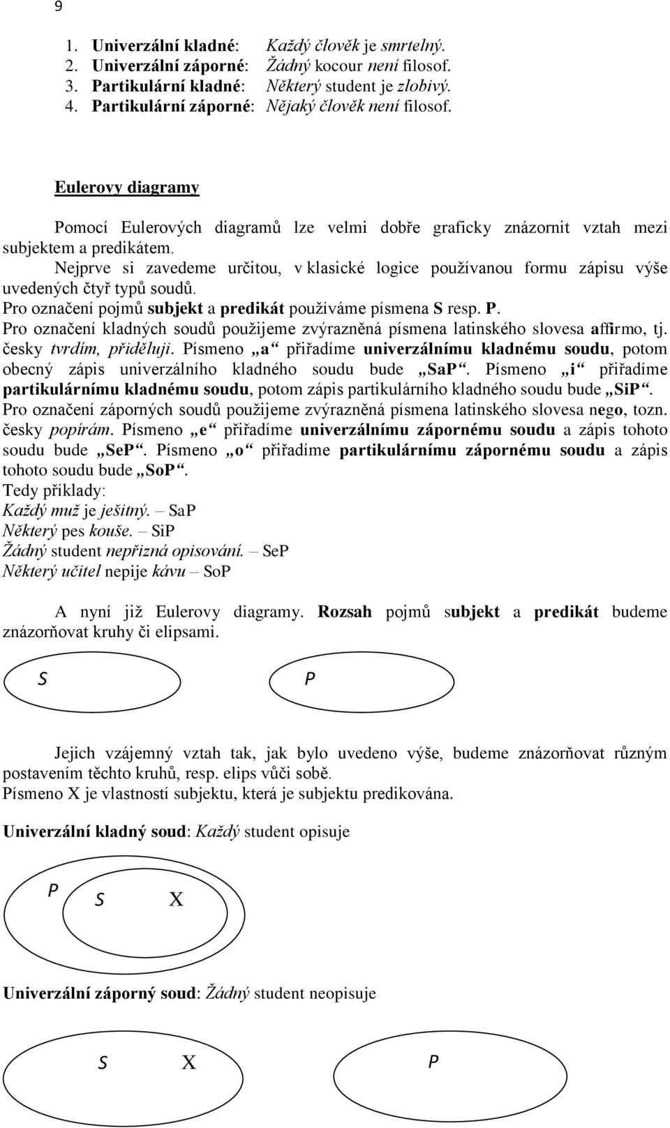 Nejprve si zavedeme určitou, v klasické logice používanou formu zápisu výše uvedených čtyř typů soudů. Pro označení pojmů subjekt a predikát používáme písmena S resp. P. Pro označení kladných soudů použijeme zvýrazněná písmena latinského slovesa affirmo, tj.