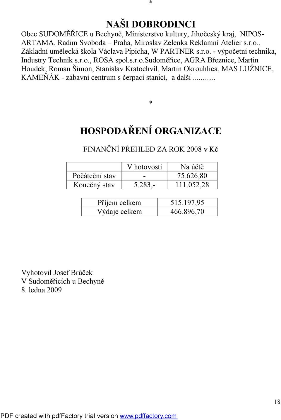 .. HOSPODAŘENÍ ORGANIZACE FINANČNÍ PŘEHLED ZA ROK 2008 v Kč V hotovosti Na účtě Počáteční stav - 75.626,80 Konečný stav 5.283,- 111.052,28 Příjem celkem 515.