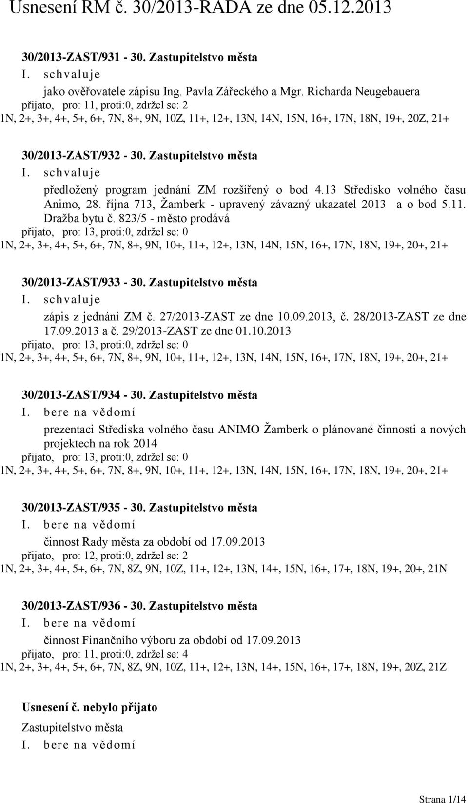 Zastupitelstvo města předložený program jednání ZM rozšířený o bod 4.13 Středisko volného času Animo, 28. října 713, Žamberk - upravený závazný ukazatel 2013 a o bod 5.11. Dražba bytu č.