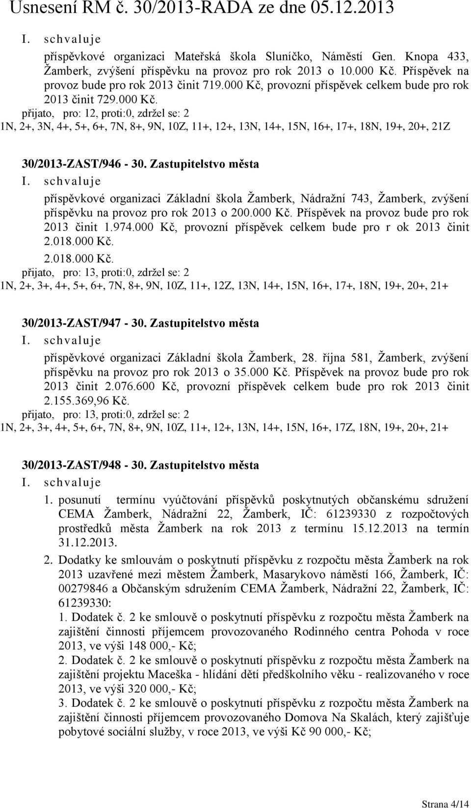 Zastupitelstvo města příspěvkové organizaci Základní škola Žamberk, Nádražní 743, Žamberk, zvýšení příspěvku na provoz pro rok 2013 o 200.000 Kč. Příspěvek na provoz bude pro rok 2013 činit 1.974.