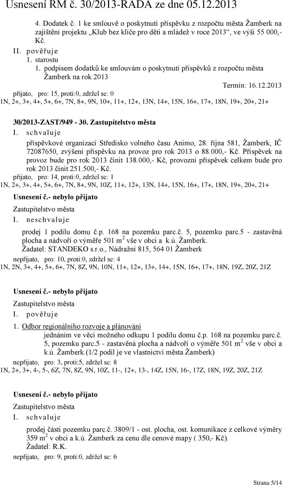 2013 1N, 2+, 3+, 4+, 5+, 6+, 7N, 8+, 9N, 10+, 11+, 12+, 13N, 14+, 15N, 16+, 17+, 18N, 19+, 20+, 21+ 30/2013-ZAST/949-30. Zastupitelstvo města příspěvkové organizaci Středisko volného času Animo, 28.