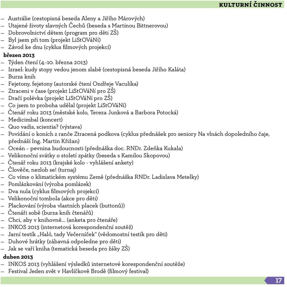 března 2013) Izrael: kudy stopy vedou jenom slabě (cestopisná beseda Jiřího Kaláta) Burza knih Fejetony, fejetony (autorské čtení Ondřeje Vaculíka) Ztraceni v čase (projekt LiStOVáNí pro ZŠ) Dračí