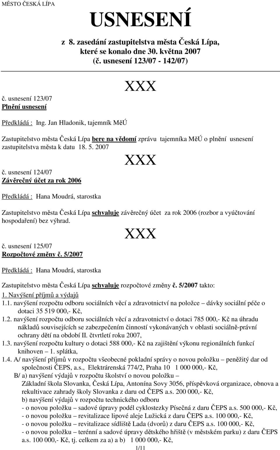 usnesení 124/07 Závěrečný účet za rok 2006 Zastupitelstvo města Česká Lípa schvaluje závěrečný účet za rok 2006 (rozbor a vyúčtování hospodaření) bez výhrad. č. usnesení 125/07 Rozpočtové změny č.