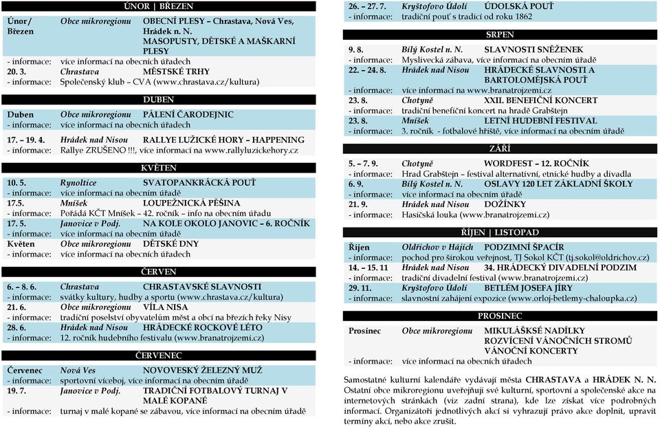 Hrádek nad Nisou RLLYE LUŽICKÉ HORY HPPENING - informace: Rallye ZRUŠENO!!!, více informací na www.rallyluzickehory.cz KVĚTEN 10. 5.