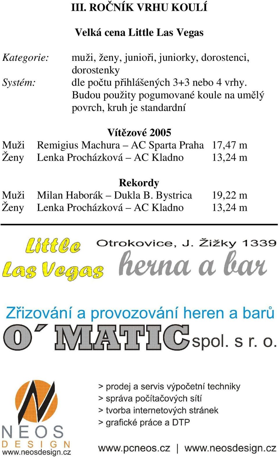 Budou použity pogumované koule na umělý povrch, kruh je standardní Vítězové 2005 Muži Remigius Machura AC