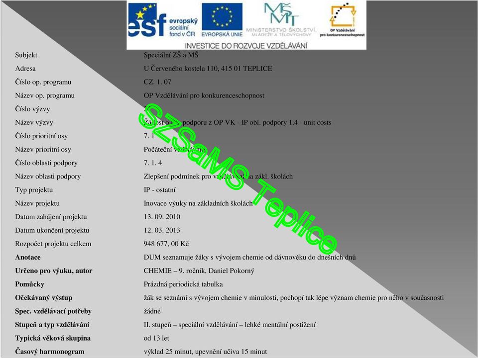 školách Typ projektu IP - ostatní Název projektu Inovace výuky na základních školách Datum zahájení projektu 13. 09. 2010 Datum ukončení projektu 12. 03.