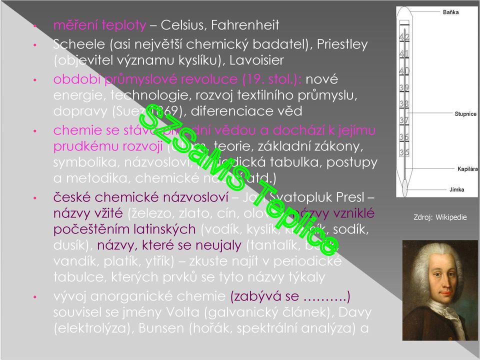 teorie, základní zákony, symbolika, názvosloví, periodická tabulka, postupy a metodika, chemické náčiní atd.