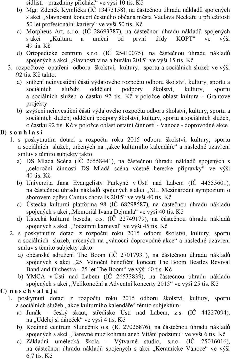 Kč c) Morpheus Art, s.r.o. (IČ 28693787), na částečnou úhradu nákladů spojených s akcí Kultura a umění od první třídy KOPT ve výši 49 tis. Kč d) Ortopedické centrum s.r.o. (IČ 25410075), na částečnou úhradu nákladů spojených s akcí Slavnosti vína a buráku 2015 ve výši 15 tis.