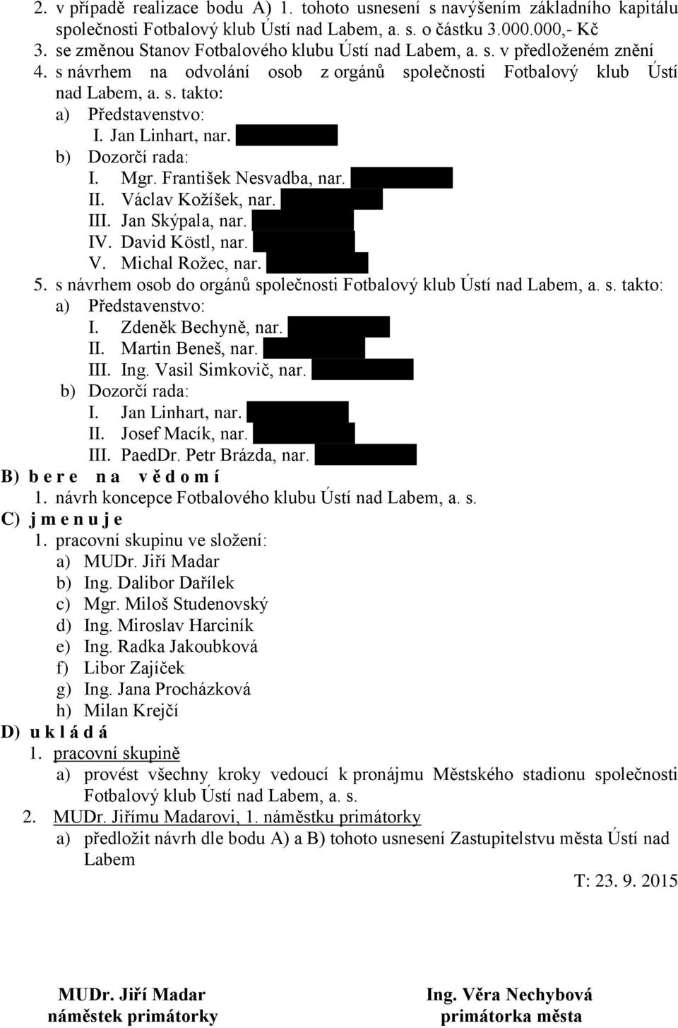 Jan Linhart, nar. xxxxxxxxxxx b) Dozorčí rada: I. Mgr. František Nesvadba, nar. xxxxxxxxxxx II. Václav Kožíšek, nar. xxxxxxxxxxx III. Jan Skýpala, nar. xxxxxxxxxxx IV. David Köstl, nar. xxxxxxxxxxx V.