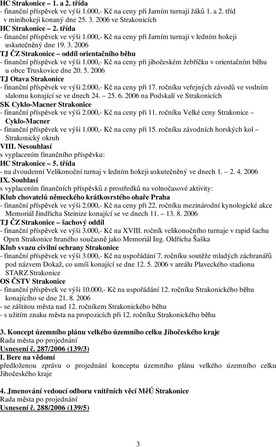 000,- Kč na ceny při jihočeském žebříčku v orientačním běhu u obce Truskovice dne 20. 5. 2006 TJ Otava Strakonice - finanční příspěvek ve výši 2.000,- Kč na ceny při 17.