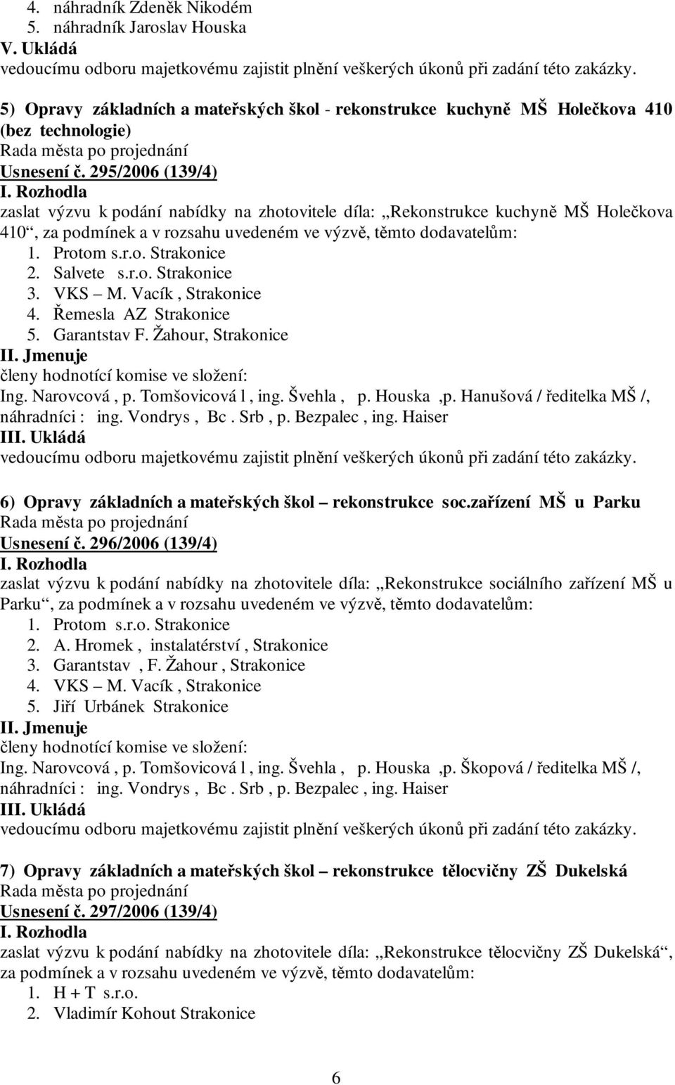 Salvete s.r.o. Strakonice 3. VKS M. Vacík, Strakonice 4. Řemesla AZ Strakonice 5. Garantstav F. Žahour, Strakonice členy hodnotící komise ve složení: Ing. Narovcová, p. Tomšovicová l, ing. Švehla, p.