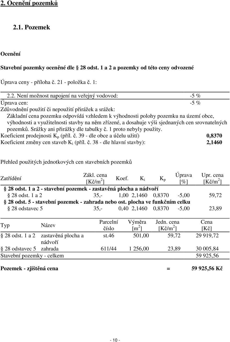 na něm zřízené, a dosahuje výši sjednaných cen srovnatelných pozemků. Srážky ani přirážky dle tabulky č. 1 proto nebyly použity. Koeficient prodejnosti K p (příl. č. 39 - dle obce a účelu užití) 0,8370 Koeficient změny cen staveb K i (příl.