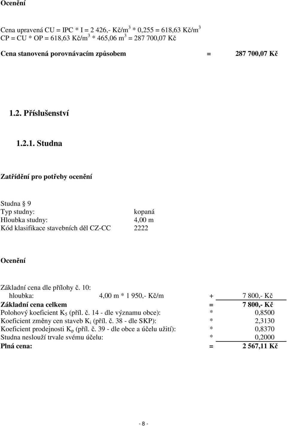 10: hloubka: 4,00 m * 1 950,- Kč/m + 7 800,- Kč Základní cena celkem = 7 800,- Kč Polohový koeficient K 5 (příl. č. 14 - dle významu obce): * 0,8500 Koeficient změny cen staveb K i (příl.