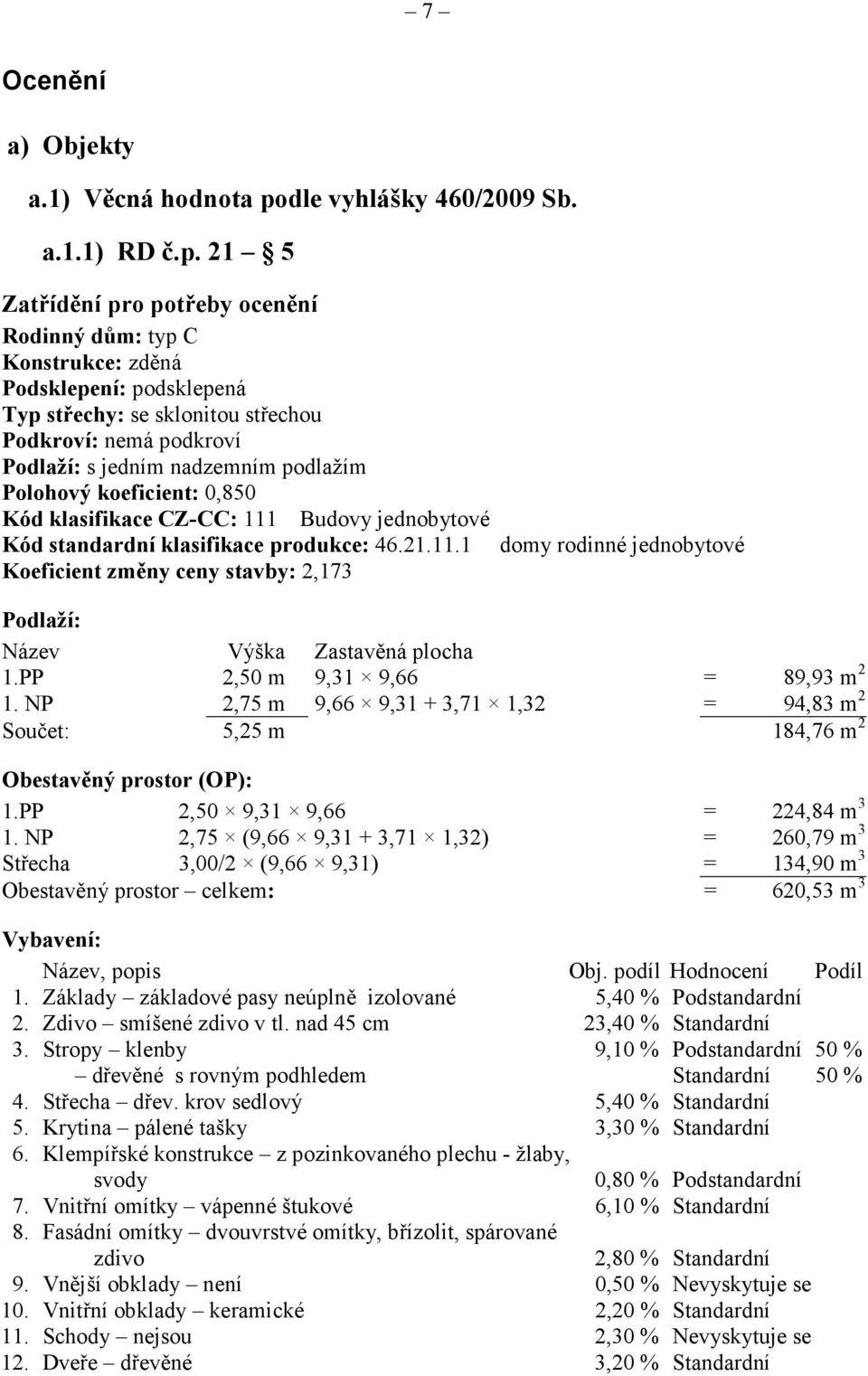 21 5 Zatřídění pro potřeby ocenění Rodinný dům: typ C Konstrukce: zděná Podsklepení: podsklepená Typ střechy: se sklonitou střechou Podkroví: nemá podkroví Podlaží: s jedním nadzemním podlažím