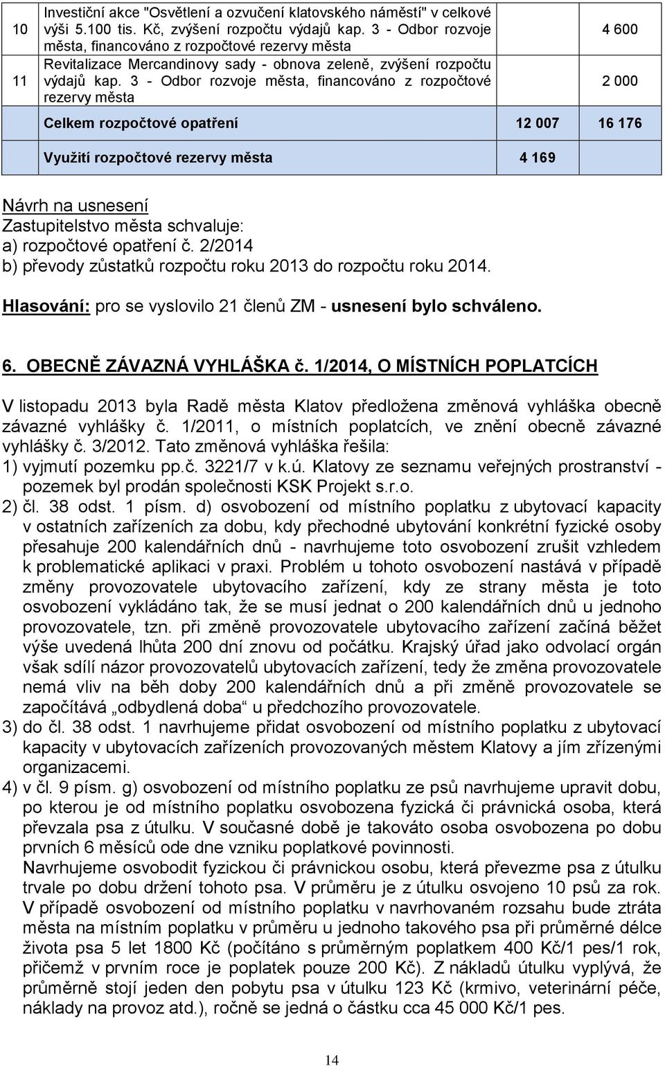 3 - Odbor rozvoje města, financováno z rozpočtové rezervy města 4 600 2 000 Celkem rozpočtové opatření 12 007 16 176 Využití rozpočtové rezervy města 4 169 Zastupitelstvo města schvaluje: a)