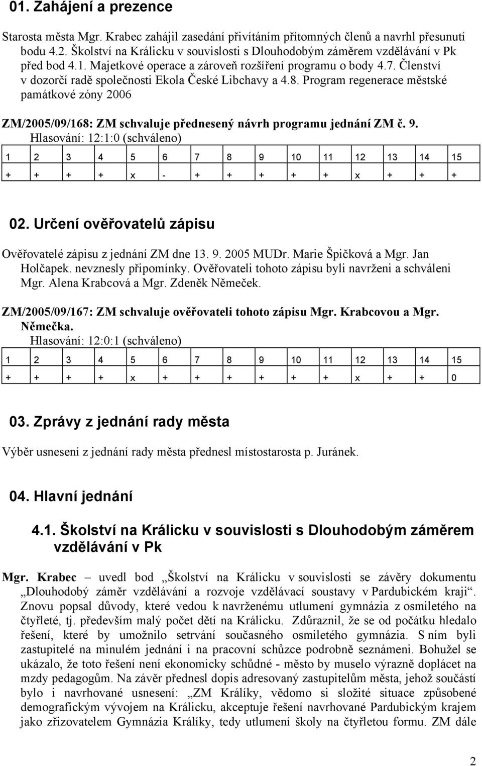 Členství v dozorčí radě společnosti Ekola České Libchavy a 4.8. Program regenerace městské památkové zóny 2006 ZM/2005/09/168: ZM schvaluje přednesený návrh programu jednání ZM č. 9.