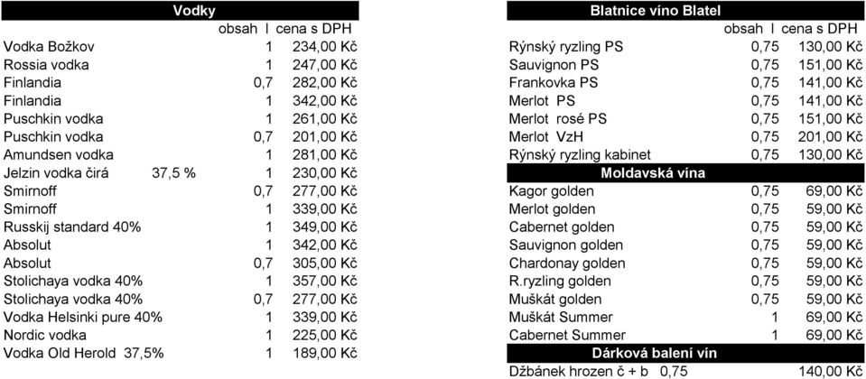 0,75 130,00 Kč Jelzin vodka čirá 37,5 % 1 230,00 Kč Moldavská vína Smirnoff 0,7 277,00 Kč Kagor golden 0,75 69,00 Kč Smirnoff 1 339,00 Kč Merlot golden 0,75 59,00 Kč Russkij standard 40% 1 349,00 Kč