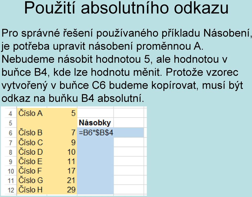 Nebudeme násobit hodnotou 5, ale hodnotou v buňce B4, kde lze hodnotu