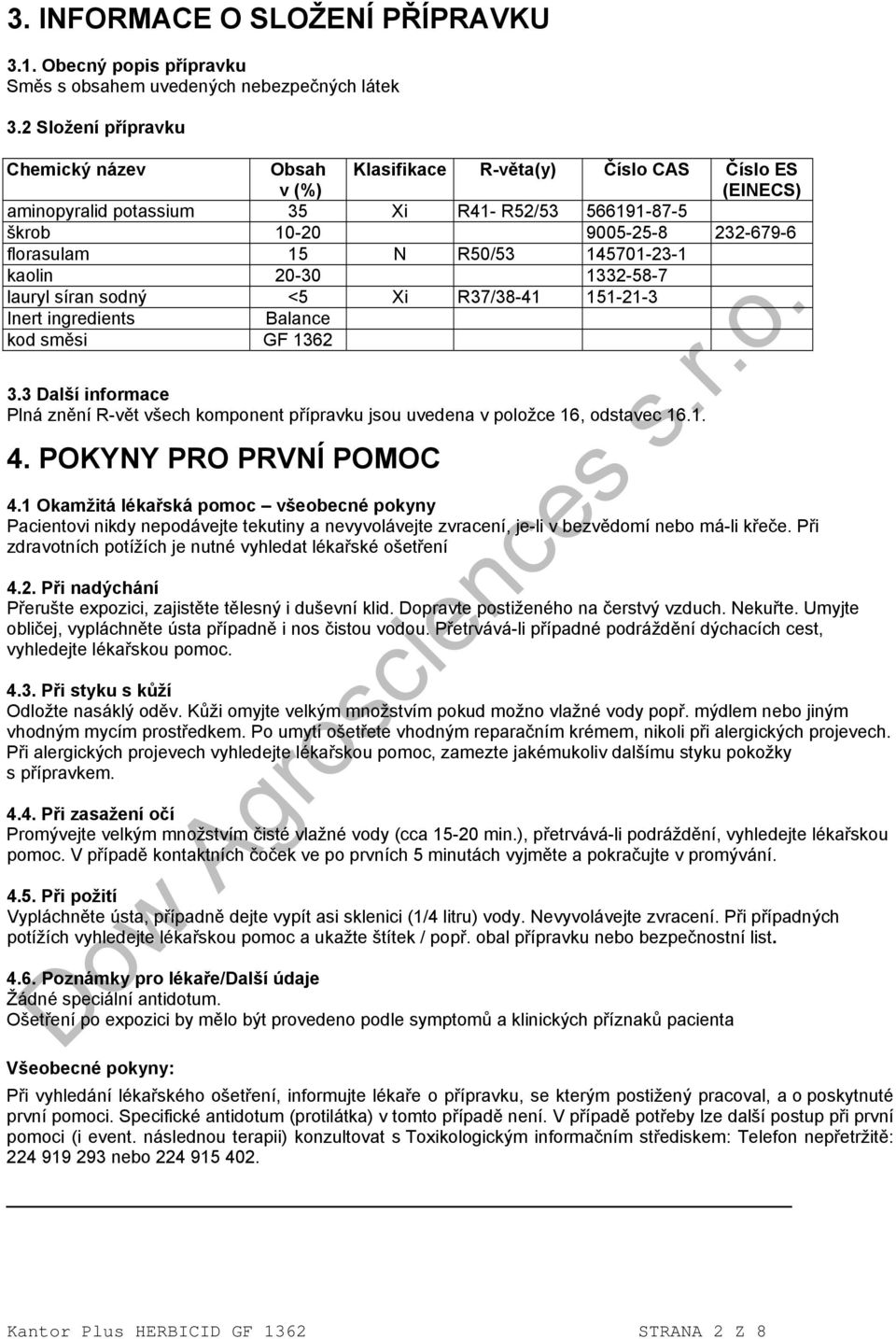 R50/53 145701-23-1 kaolin 20-30 1332-58-7 lauryl síran sodný <5 Xi R37/38-41 151-21-3 Inert ingredients Balance kod směsi GF 1362 3.