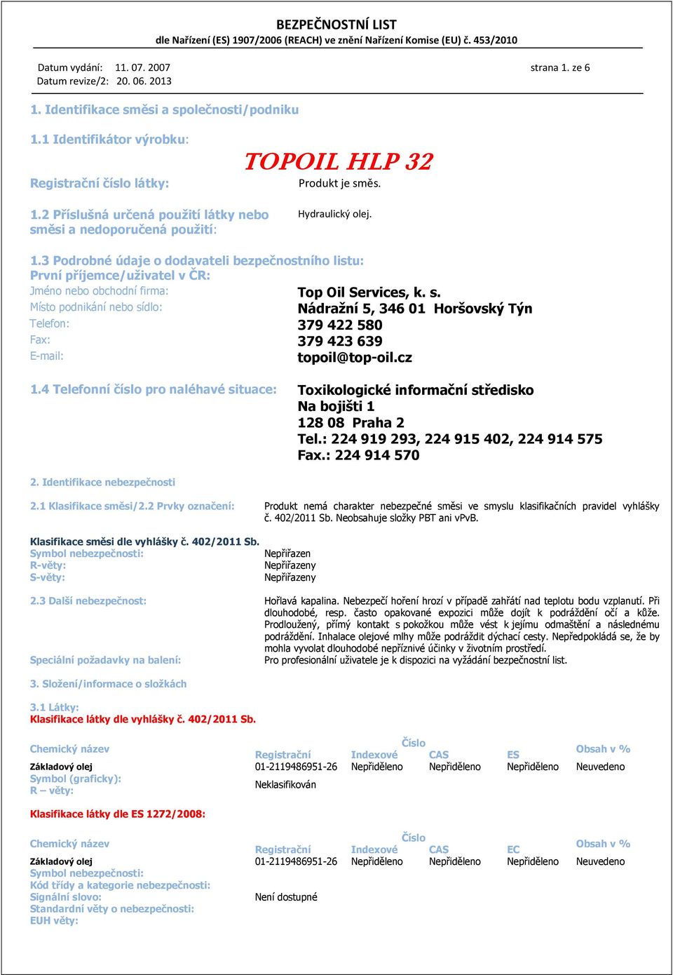 Místo podnikání nebo sídlo: Nádražní 5, 346 01 Horšovský Týn Telefon: 379 422 580 Fax: 379 423 639 E-mail: topoil@top-oil.cz 1.