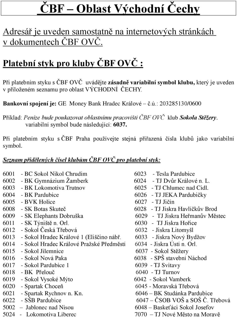 Bankovní spojení je: GE Money Bank Hradec Králové č.ú.: 203285130/0600 Příklad: Peníze bude poukazovat oblastnímu pracovišti ČBF OVČ klub Sokola Stěžery. variabilní symbol bude následující: 6037.