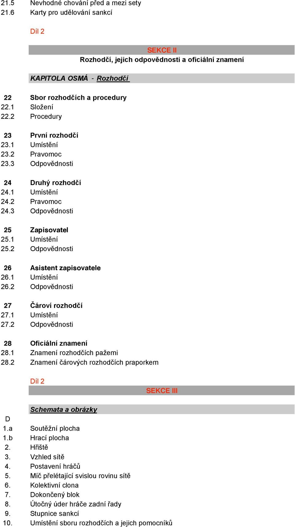 2 Odpovědnosti 26 Asistent zapisovatele 26.1 Umístění 26.2 Odpovědnosti 27 Čároví rozhodčí 27.1 Umístění 27.2 Odpovědnosti 28 Oficiální znamení 28.1 Znamení rozhodčích pažemi 28.