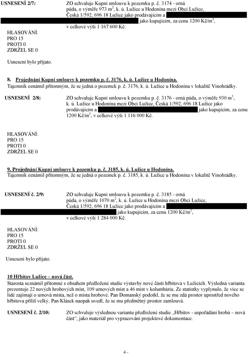 8. Projednání Kupní smlouvy k pozemku p. č. 3176, k. ú. Lužice u Hodonína. Tajemník oznámil přítomným, že se jedná o pozemek p. č. 3176, k. ú. Lužice u Hodonína v lokalitě Vinohrádky.