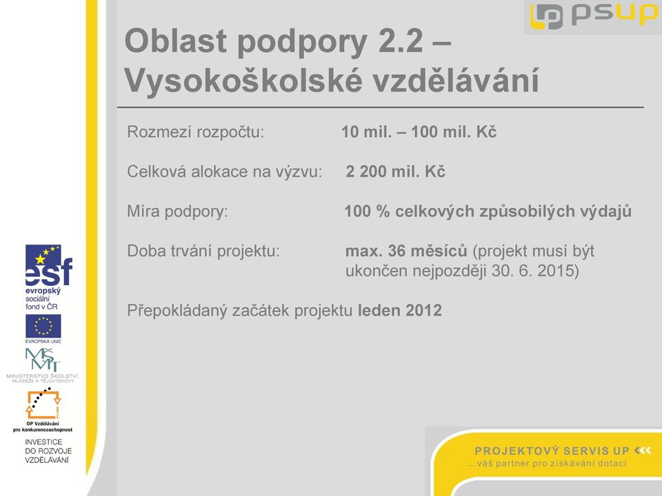 Míra podpory: Doba trvání projektu: 10 mil. 100 mil. Kč 2 200 mil.