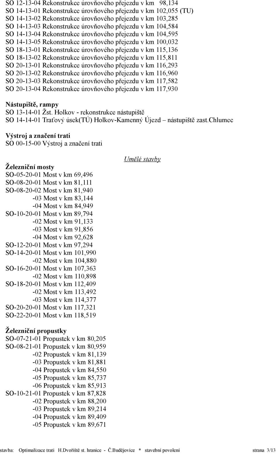 přejezdu v km 115,136 SO 18-13-02 Rekonstrukce úrovňového přejezdu v km 115,811 SO 20-13-01 Rekonstrukce úrovňového přejezdu v km 116,293 SO 20-13-02 Rekonstrukce úrovňového přejezdu v km 116,960 SO