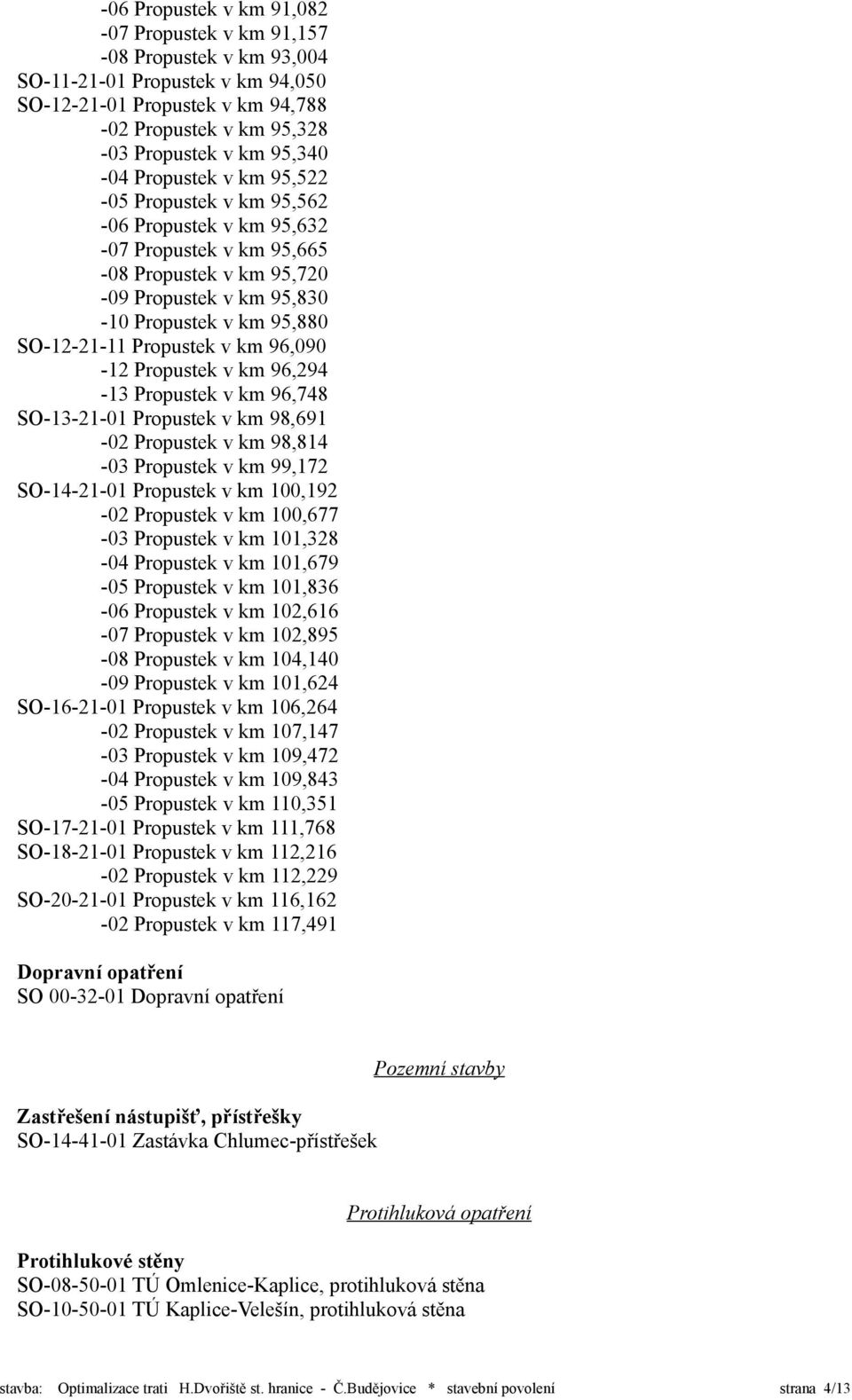 96,090-12 Propustek v km 96,294-13 Propustek v km 96,748 SO-13-21-01 Propustek v km 98,691-02 Propustek v km 98,814-03 Propustek v km 99,172 SO-14-21-01 Propustek v km 100,192-02 Propustek v km