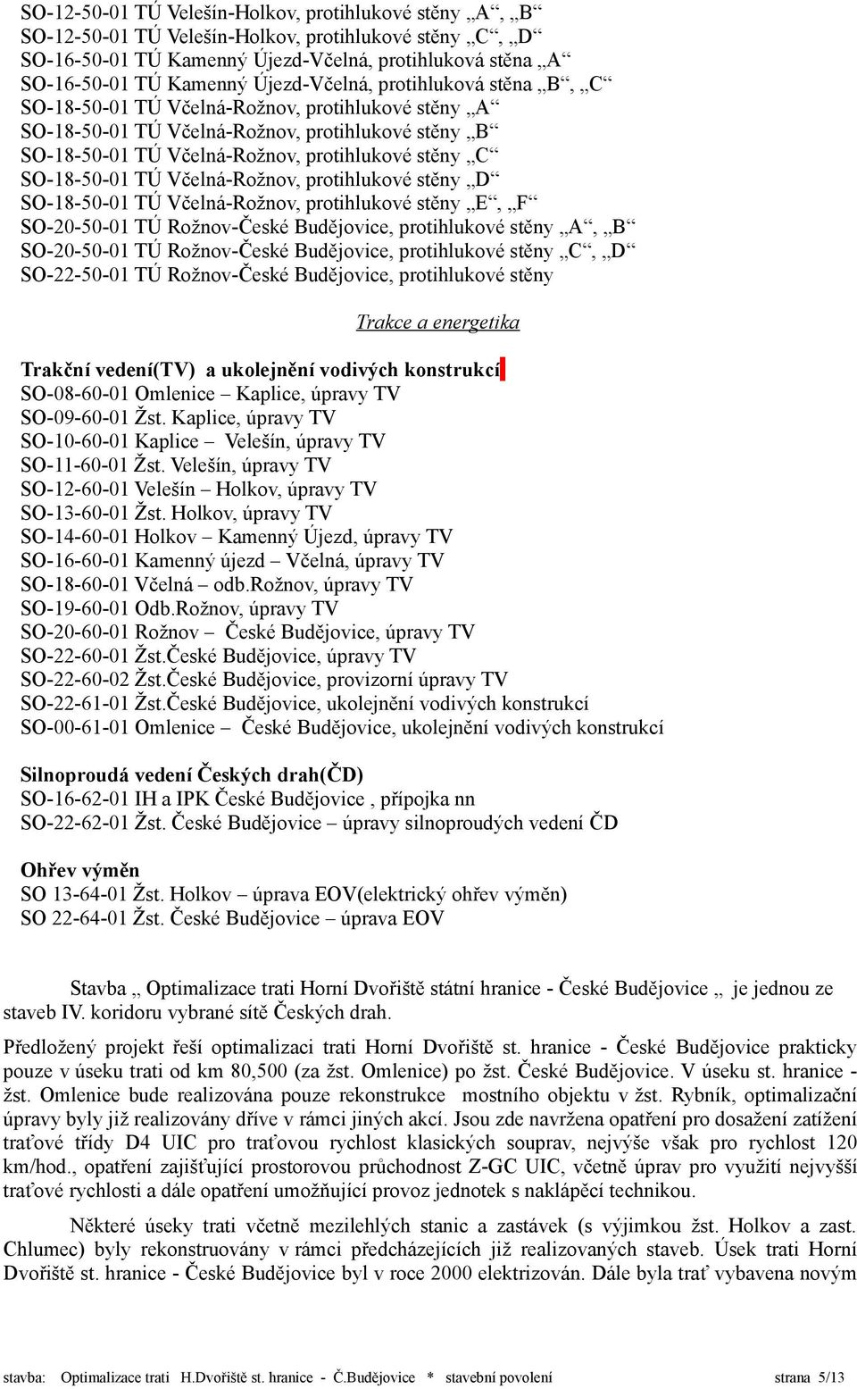 SO-18-50-01 TÚ Včelná-Rožnov, protihlukové stěny D SO-18-50-01 TÚ Včelná-Rožnov, protihlukové stěny E, F SO-20-50-01 TÚ Rožnov-České Budějovice, protihlukové stěny A, B SO-20-50-01 TÚ Rožnov-České