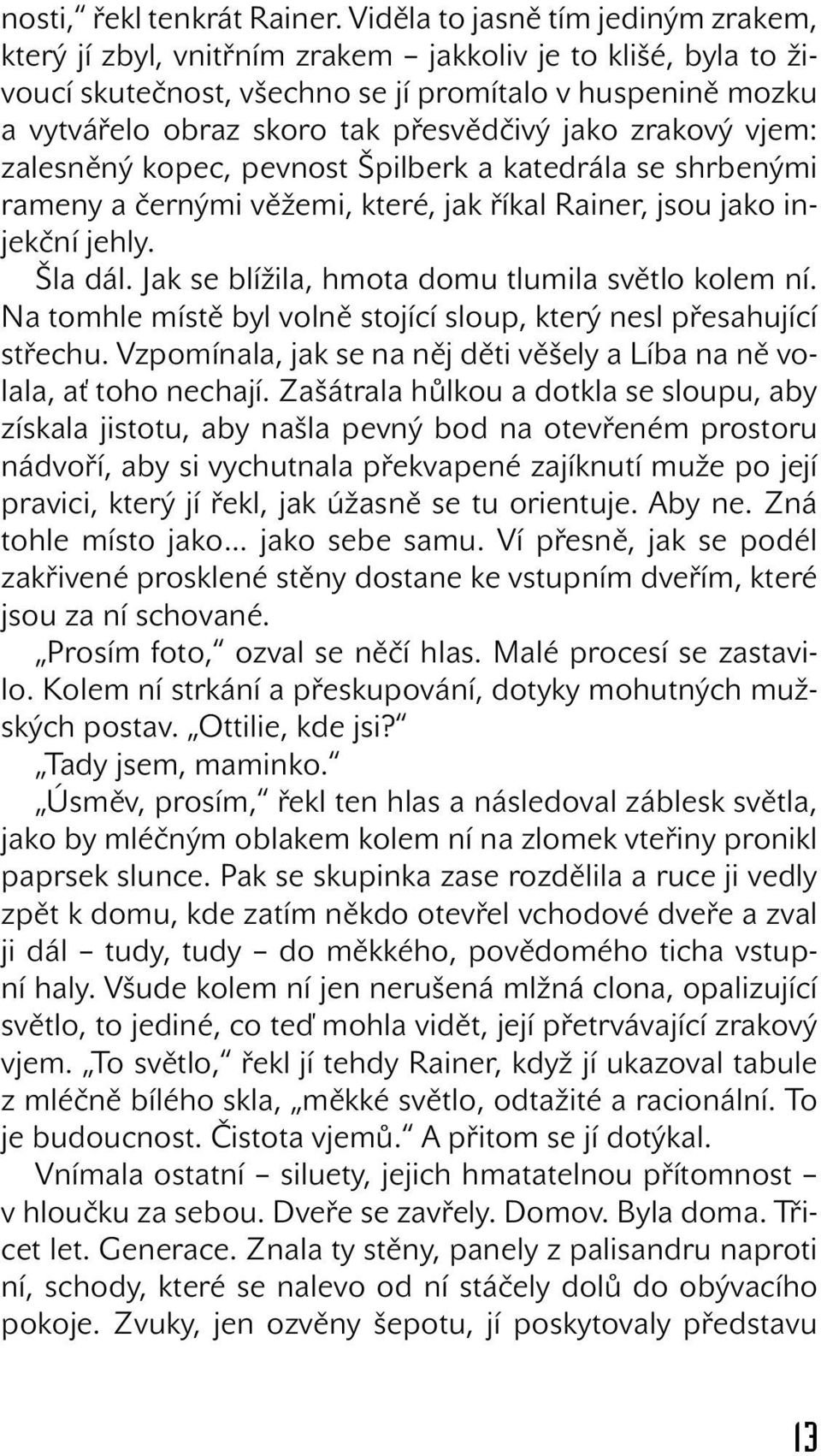 jako zrakový vjem: zalesněný kopec, pevnost Špilberk a katedrála se shrbenými rameny a černými věžemi, které, jak říkal Rainer, jsou jako injekční jehly. Šla dál.