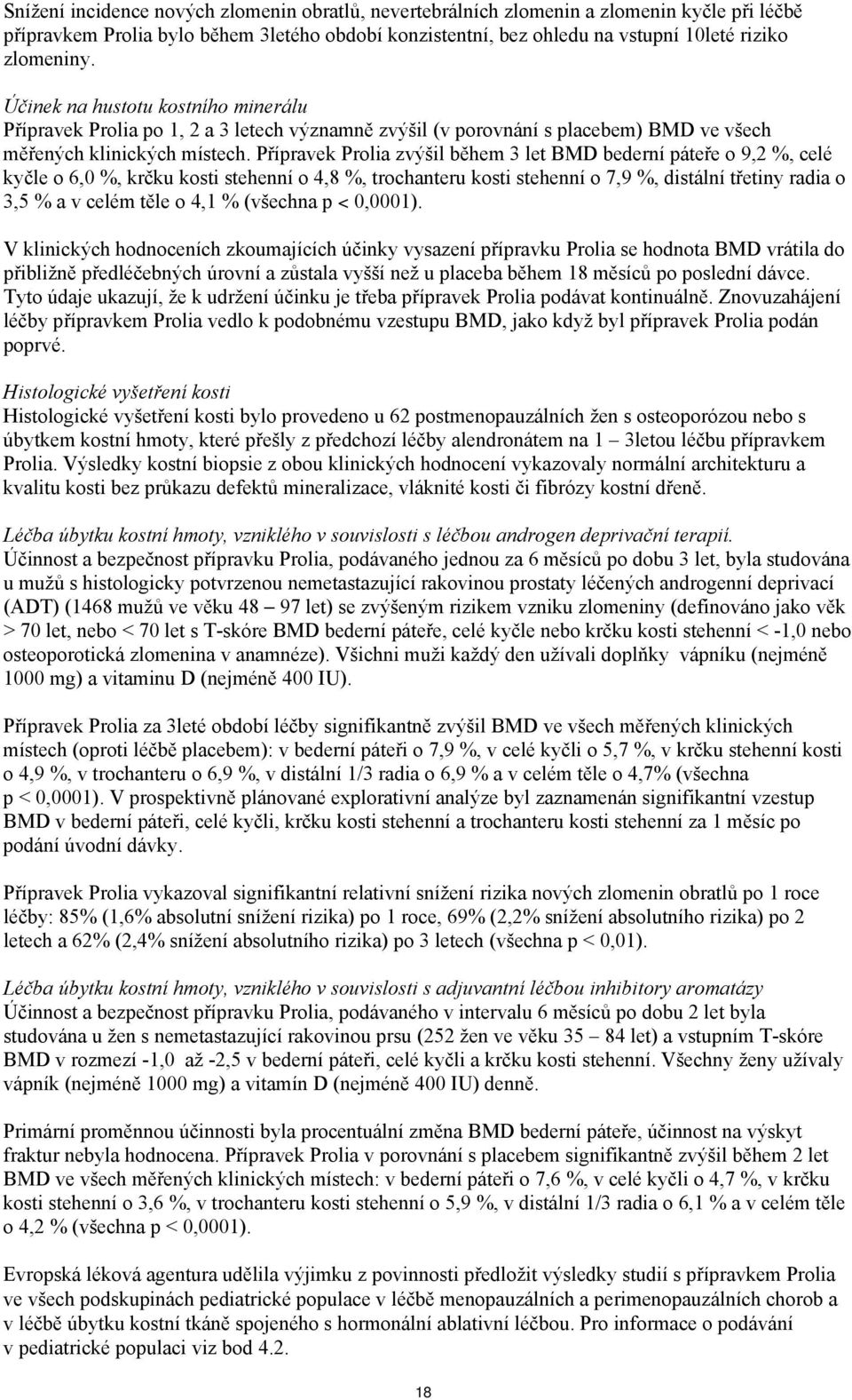 Přípravek Prolia zvýšil během 3 let BMD bederní páteře o 9,2 %, celé kyčle o 6,0 %, krčku kosti stehenní o 4,8 %, trochanteru kosti stehenní o 7,9 %, distální třetiny radia o 3,5 % a v celém těle o