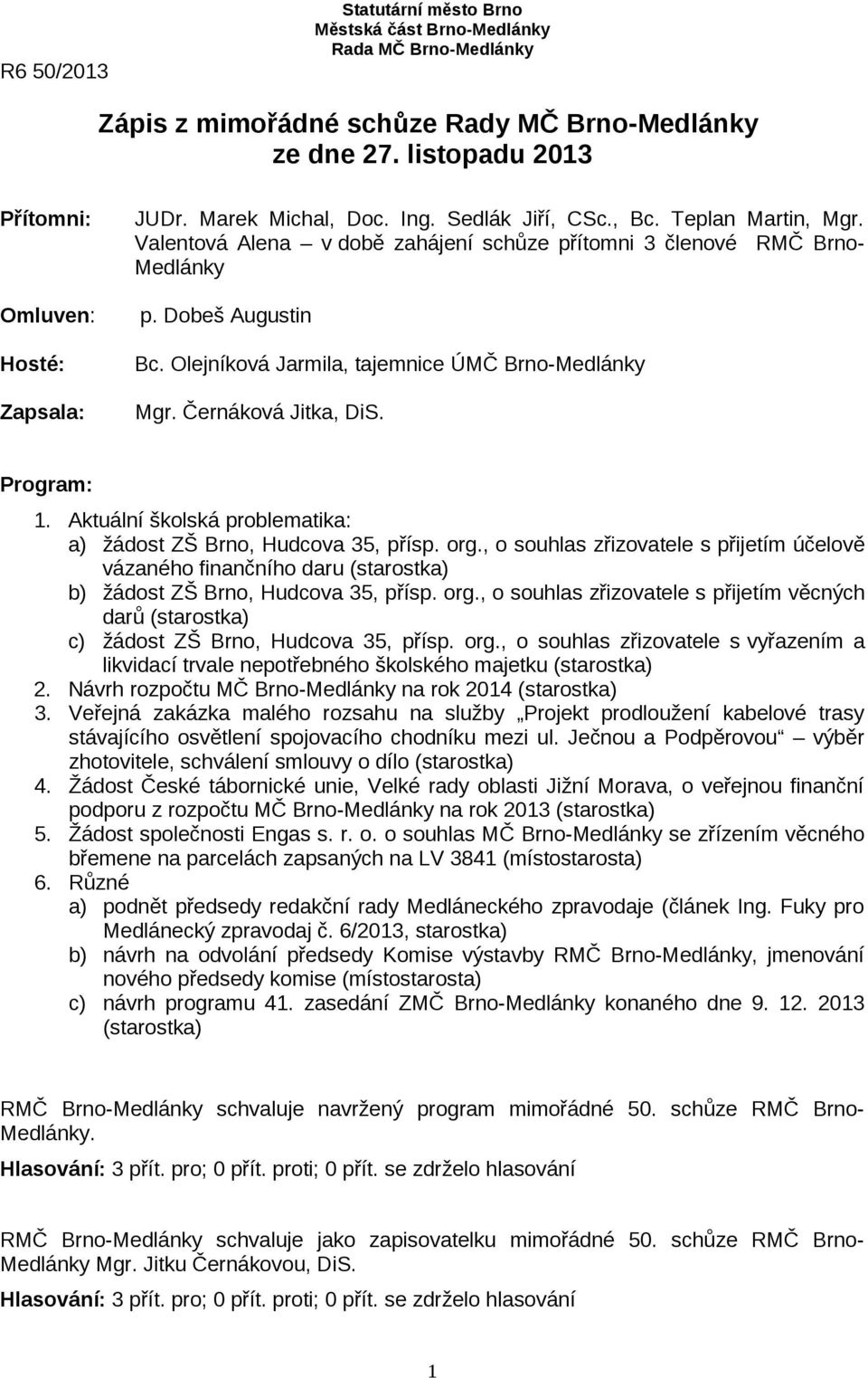 Olejníková Jarmila, tajemnice ÚMČ Brno-Medlánky Mgr. Černáková Jitka, DiS. Program: 1. Aktuální školská problematika: a) žádost ZŠ Brno, Hudcova 35, přísp. org.