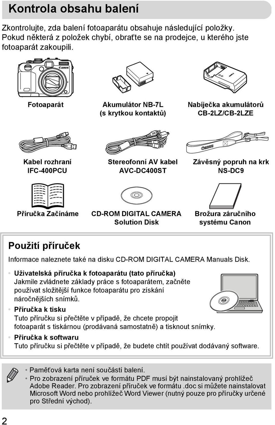 DIGITAL CAMERA Solution Disk Brožura záručního systému Canon Použití příruček Informace naleznete také na disku CD-ROM DIGITAL CAMERA Manuals Disk.