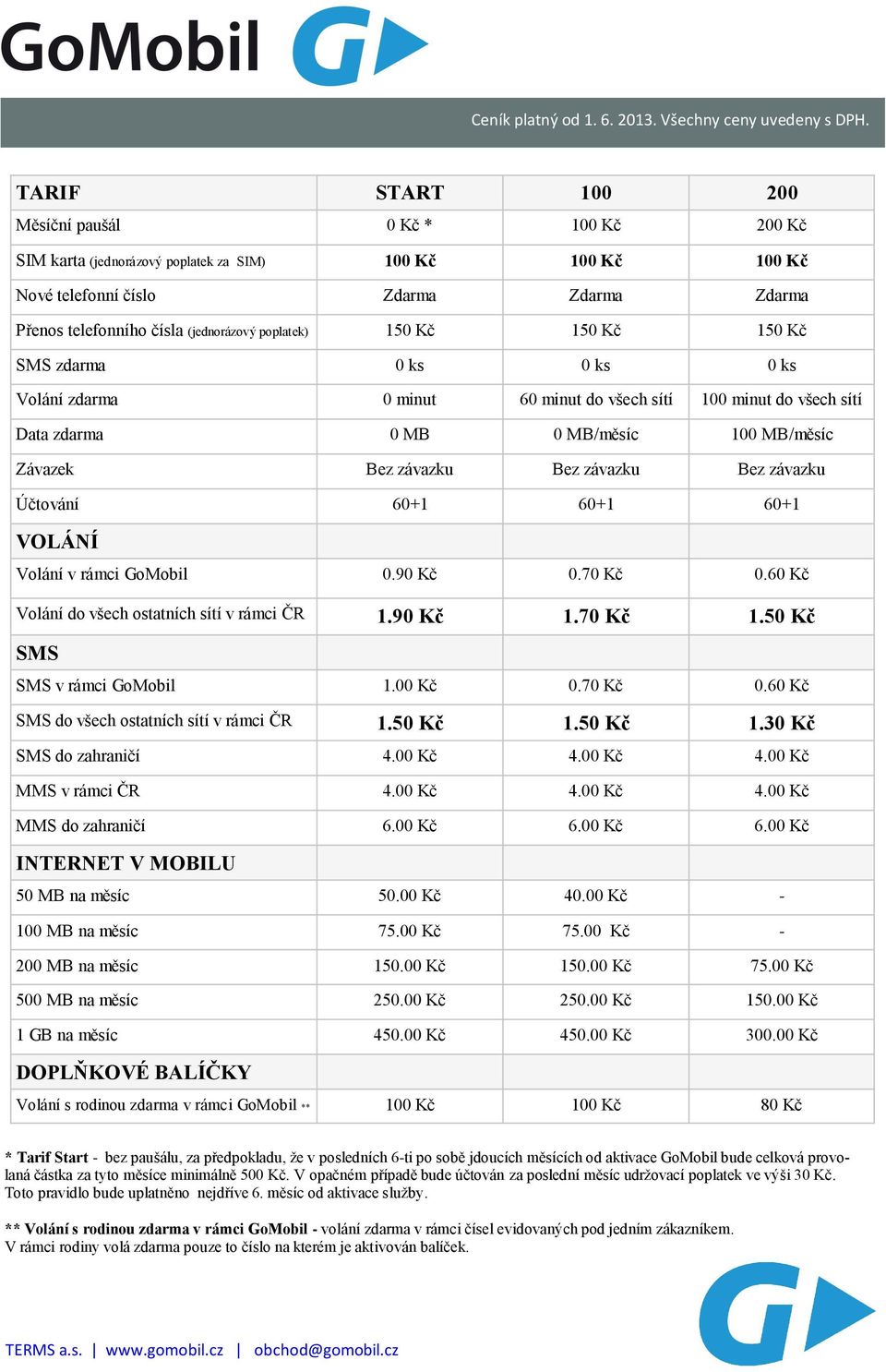 Účtování 60+1 60+1 60+1 VOLÁNÍ v rámci GoMobil 0.90 Kč 0.70 Kč 0.60 Kč do všech ostatních sítí v rámci ČR 1.90 Kč 1.70 Kč 1.50 Kč SMS SMS v rámci GoMobil 1.00 Kč 0.70 Kč 0.60 Kč SMS do všech ostatních sítí v rámci ČR 1.