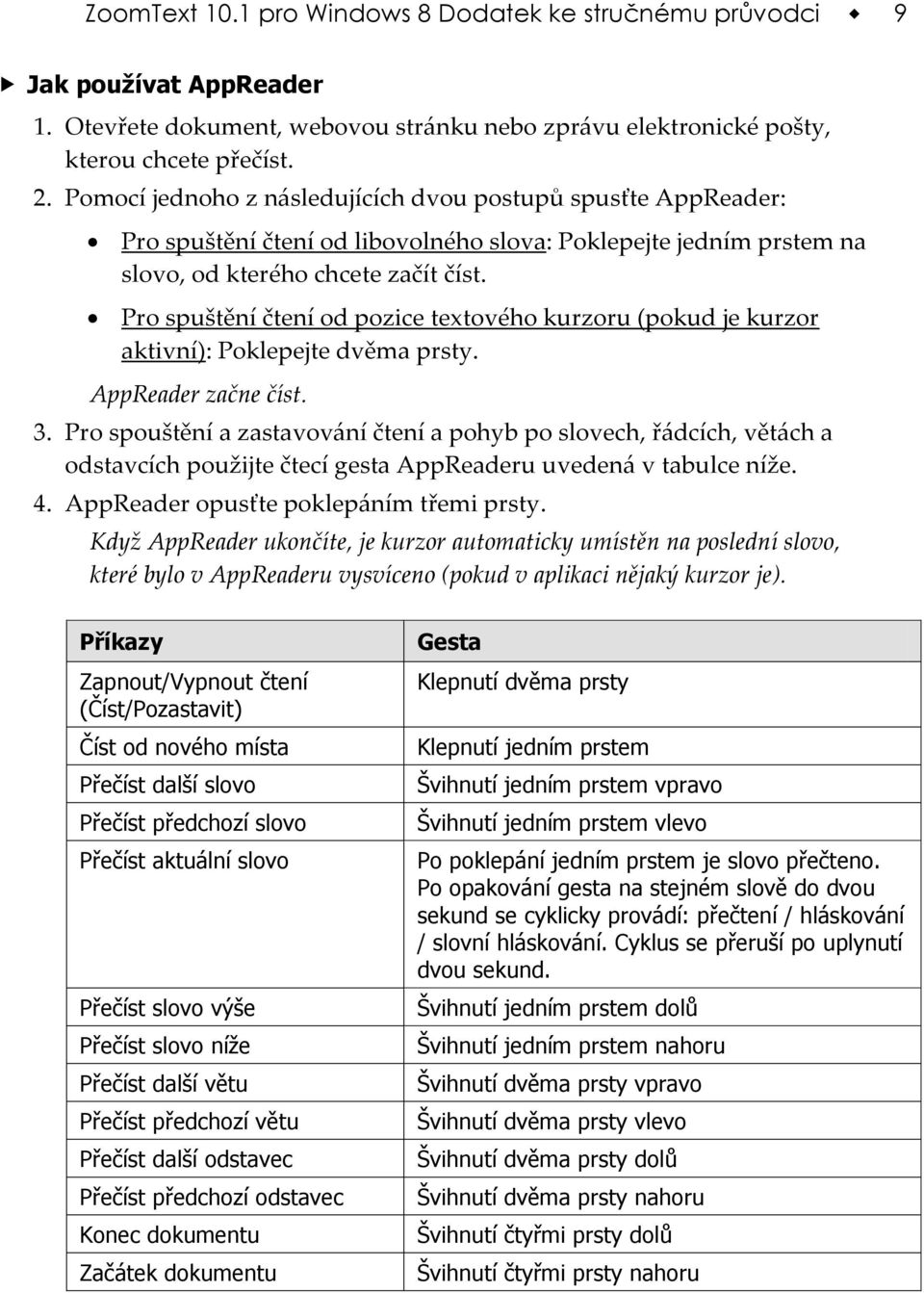 Pro spuštění čtení od pozice textového kurzoru (pokud je kurzor aktivní): Poklepejte dvěma prsty. AppReader začne číst. 3.